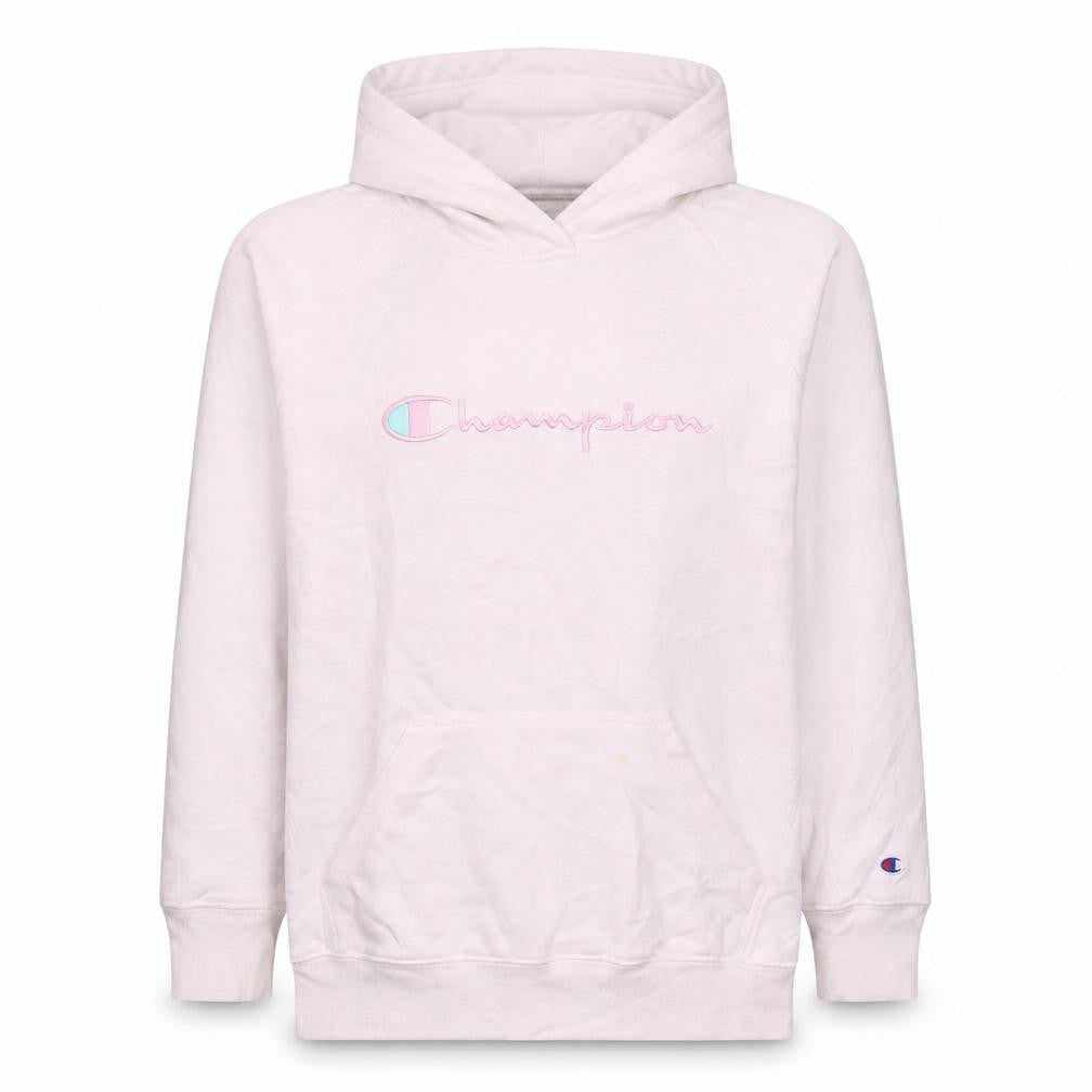 Front view of Champion girls’ white xl pullover hoodie with embroidered logo