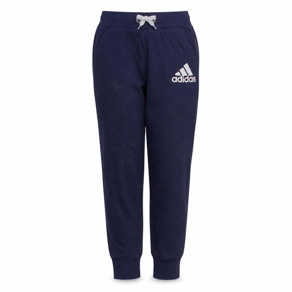 Front view of Adidas women’s blue jogger sweatpants s elastic waist logo