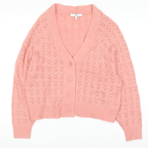 Next Womens Pink Open-Knit Button Cardigan M V-Neck Long Sleeve