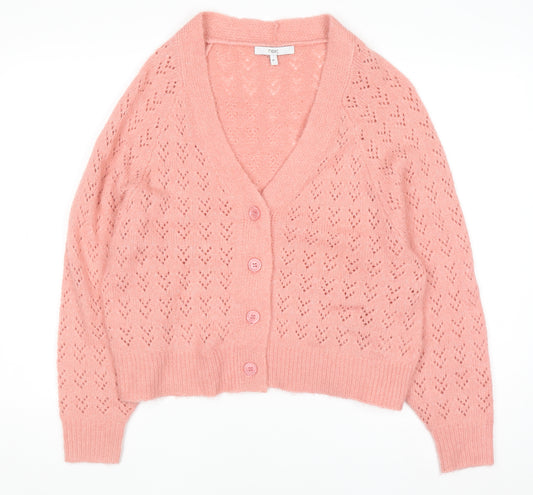 Next Womens Pink Open-Knit Button Cardigan M V-Neck Long Sleeve