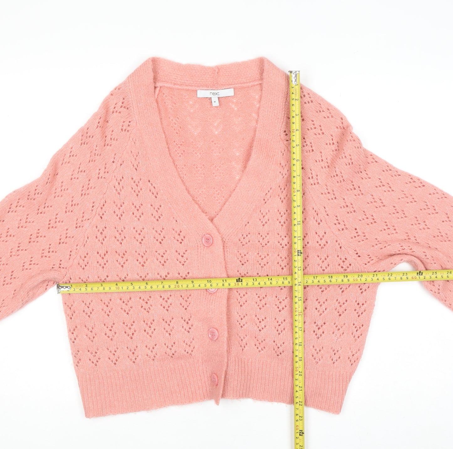 Next Womens Pink Open-Knit Button Cardigan M V-Neck Long Sleeve