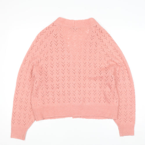Next Womens Pink Open-Knit Button Cardigan M V-Neck Long Sleeve