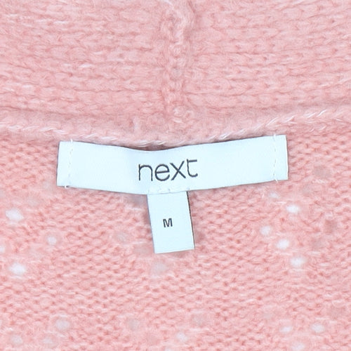 Next Womens Pink Open-Knit Button Cardigan M V-Neck Long Sleeve