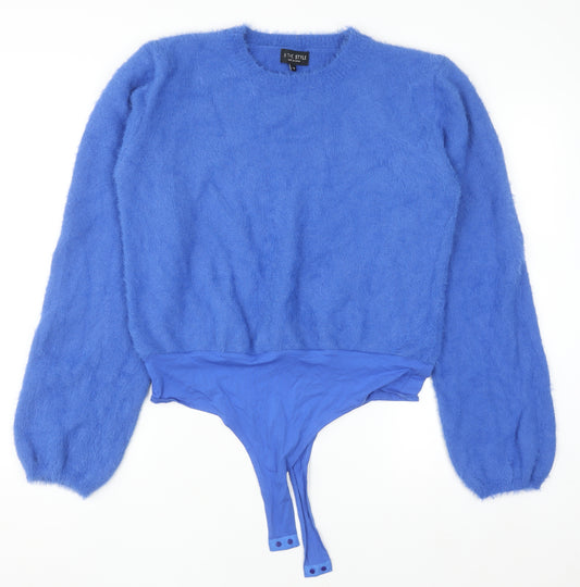 In The Style Women’s Blue Size 14 Crew Neck Fuzzy Long Sleeve Jumper Bodysuit