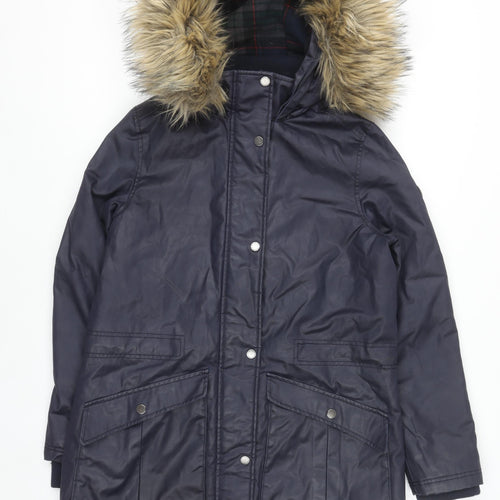 Harvey & Jones Womens Blue Parka Coat 8 Faux Fur Hood Lined Winter Jacket