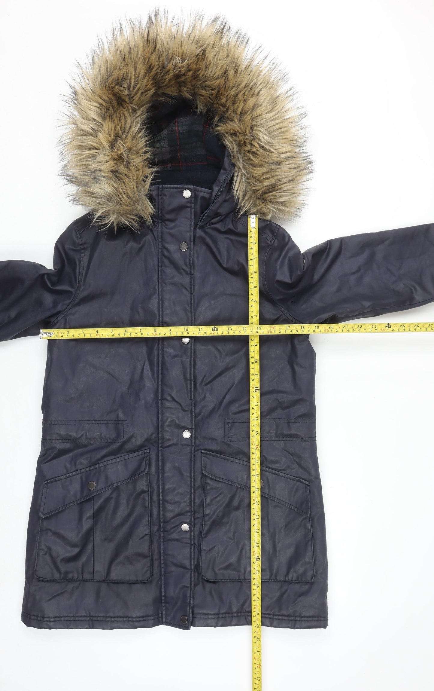 Harvey & Jones Womens Blue Parka Coat 8 Faux Fur Hood Lined Winter Jacket