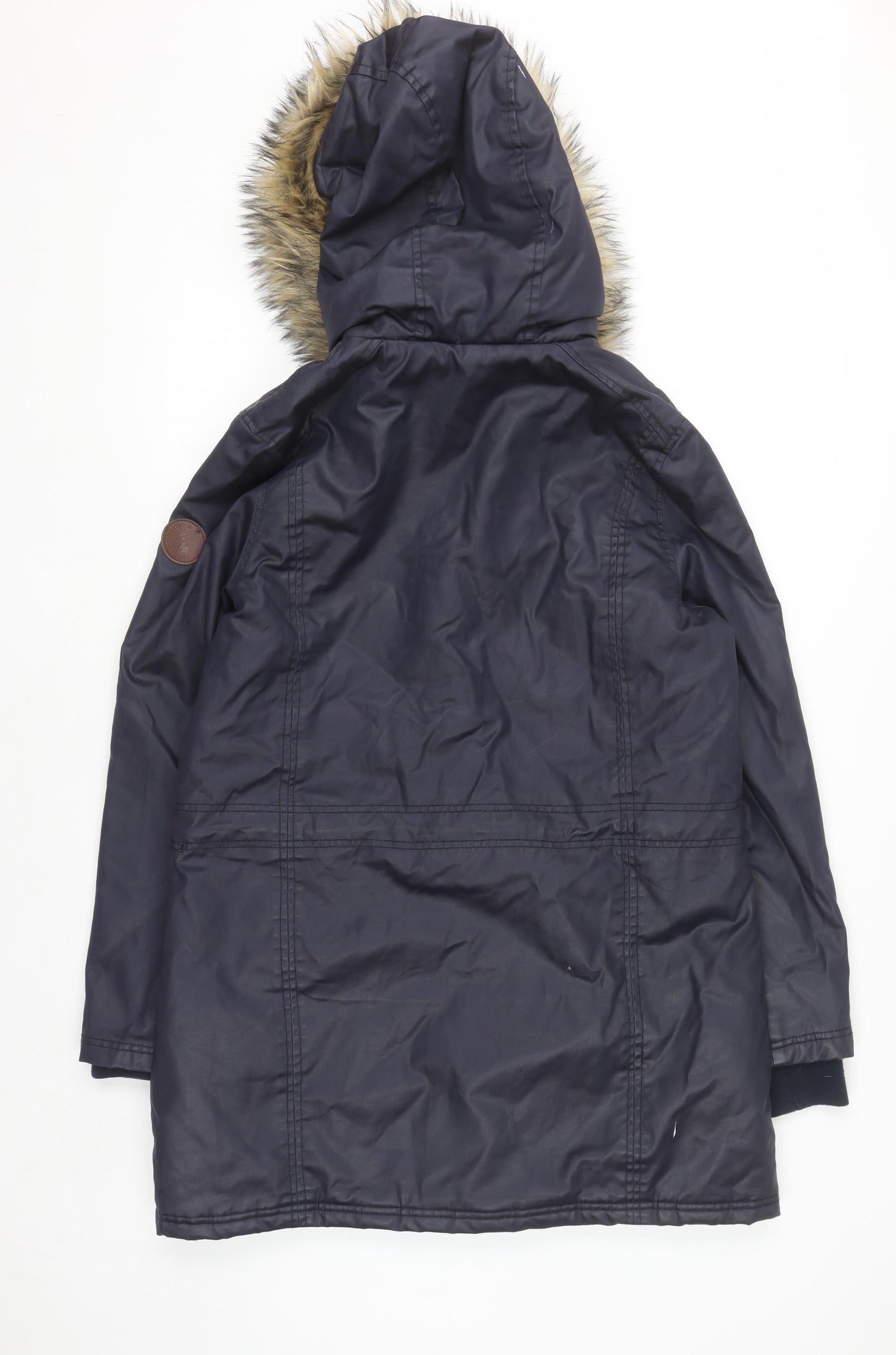 Harvey & Jones Womens Blue Parka Coat 8 Faux Fur Hood Lined Winter Jacket