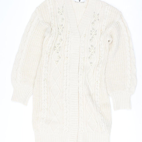 Very Women Ivory Beaded Cable-Knit Long Sleeve Cardigan Size 10