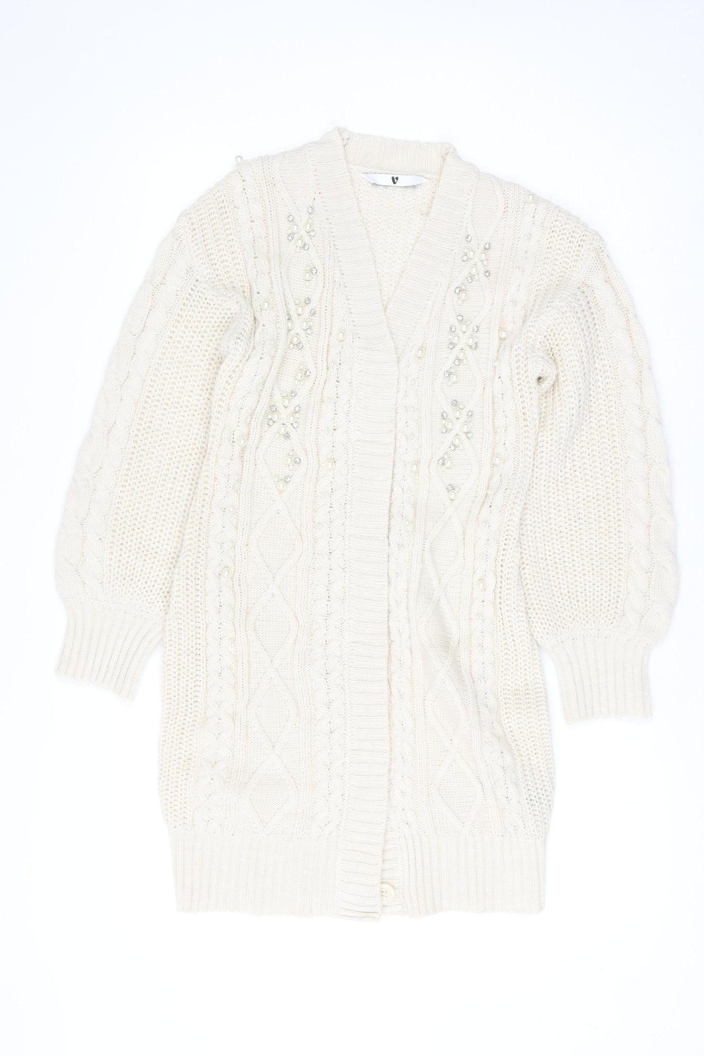 Very Women Ivory Beaded Cable-Knit Long Sleeve Cardigan Size 10