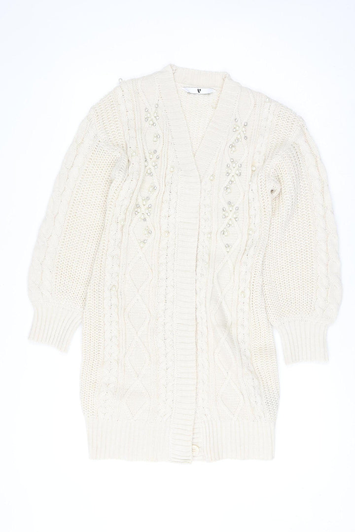 Very Women Ivory Beaded Cable-Knit Long Sleeve Cardigan Size 10
