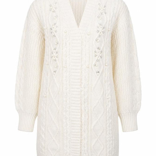 Very Women Ivory Beaded Cable-Knit Long Sleeve Cardigan Size 10