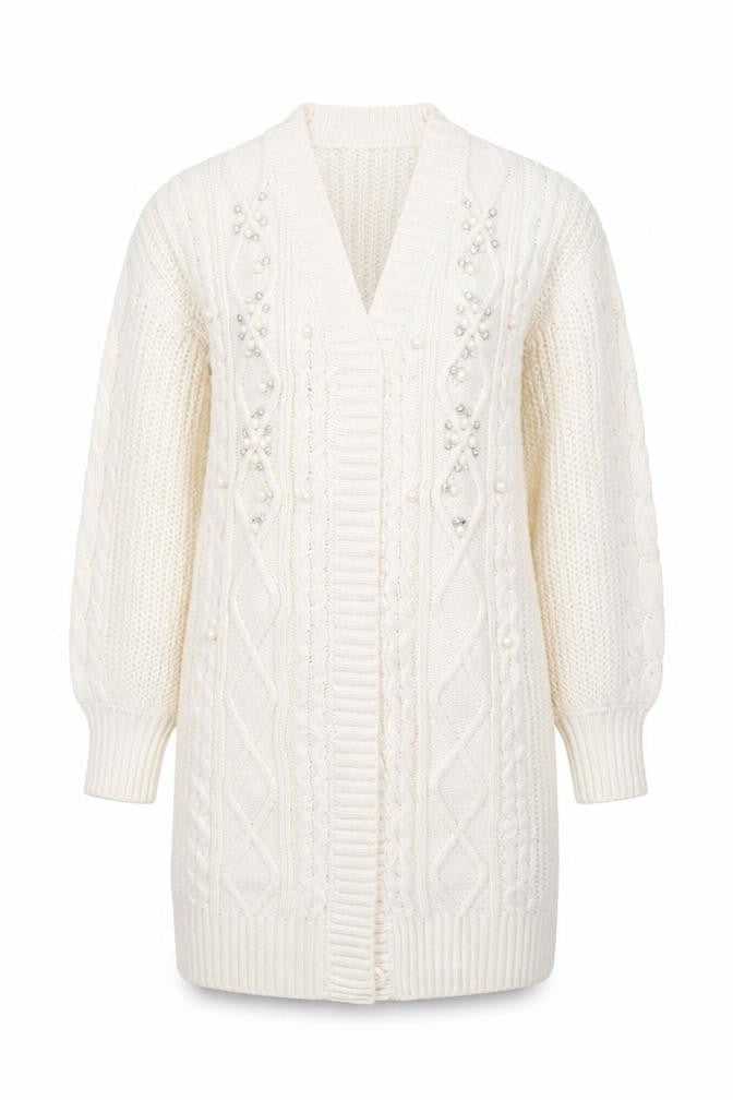Very Women Ivory Beaded Cable-Knit Long Sleeve Cardigan Size 10