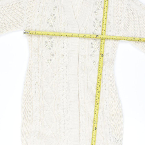 Very Women Ivory Beaded Cable-Knit Long Sleeve Cardigan Size 10