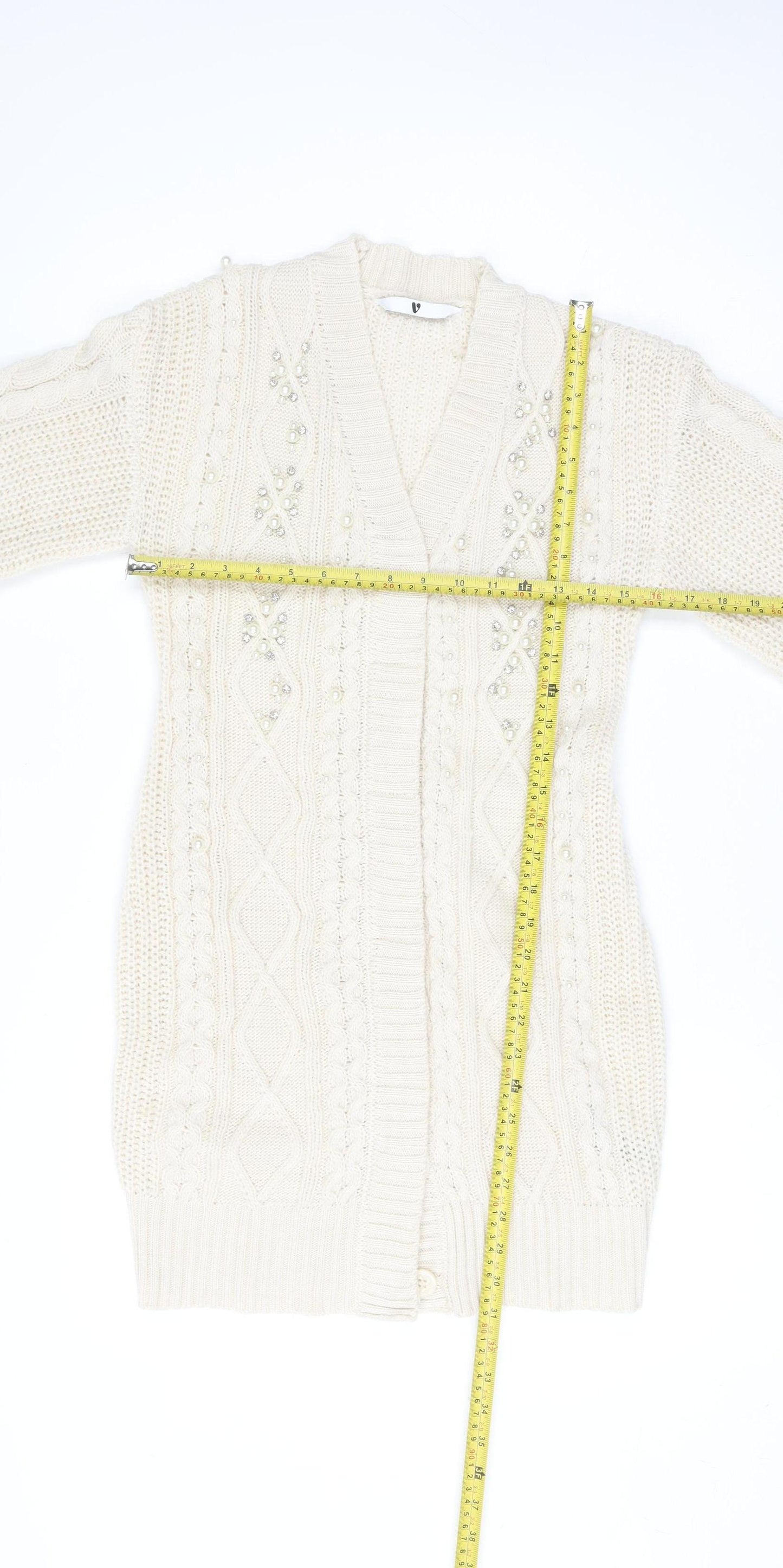 Very Women Ivory Beaded Cable-Knit Long Sleeve Cardigan Size 10