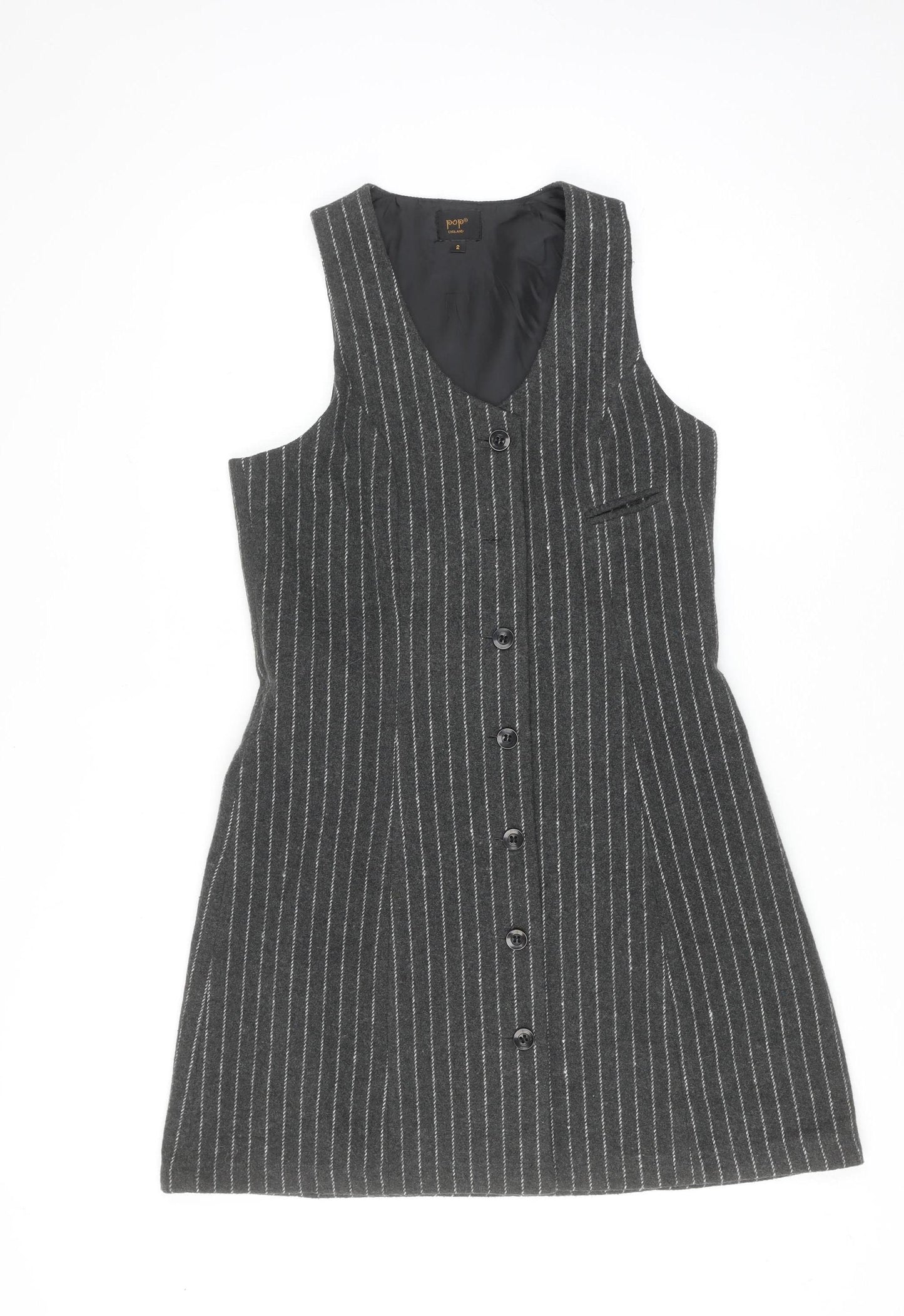Pop England Women Grey Pinstripe Button Pinafore Dress Size 2