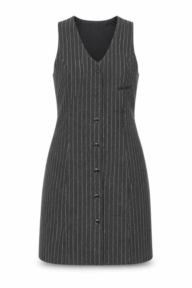 Pop England Women Grey Pinstripe Button Pinafore Dress Size 2