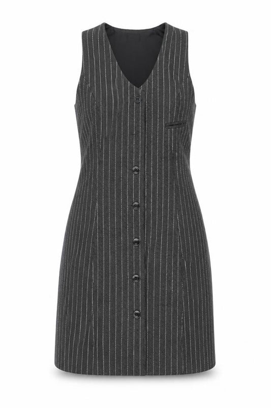 Front view of Pop England Women Grey Pinstripe Button Pinafore Dress, size 2