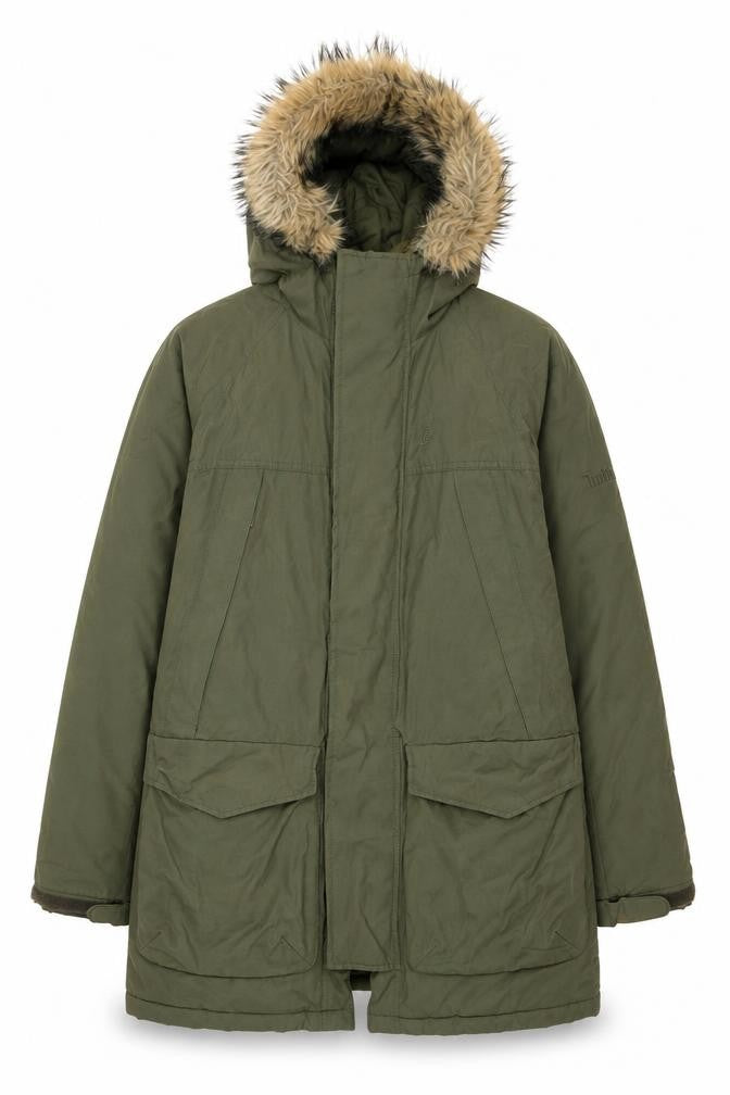 Timberland Men's Green Parka Coat Size S Hooded Faux Fur Trim