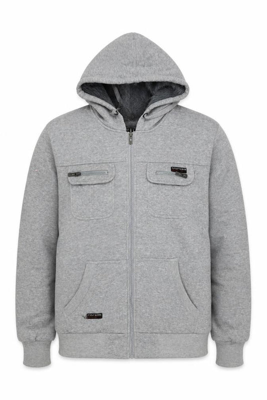 Front view of Fly Guy Men's Grey L Full Zip Hooded Windbreaker Jacket