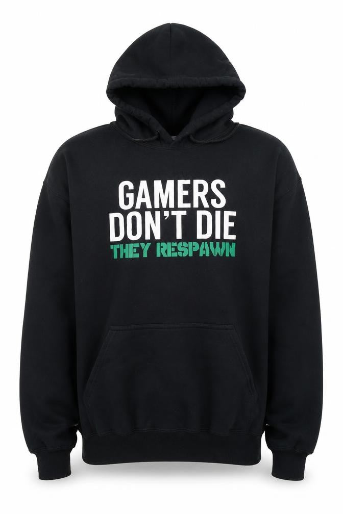 Front view of Gildan Men's Black Pullover Hoodie L Gamers Don't Die Graphic