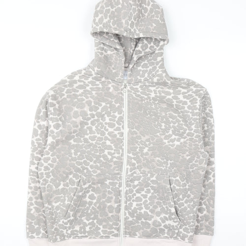 MISO Women Grey Animal Print Full Zip Hoodie UK 8 Cotton Blend