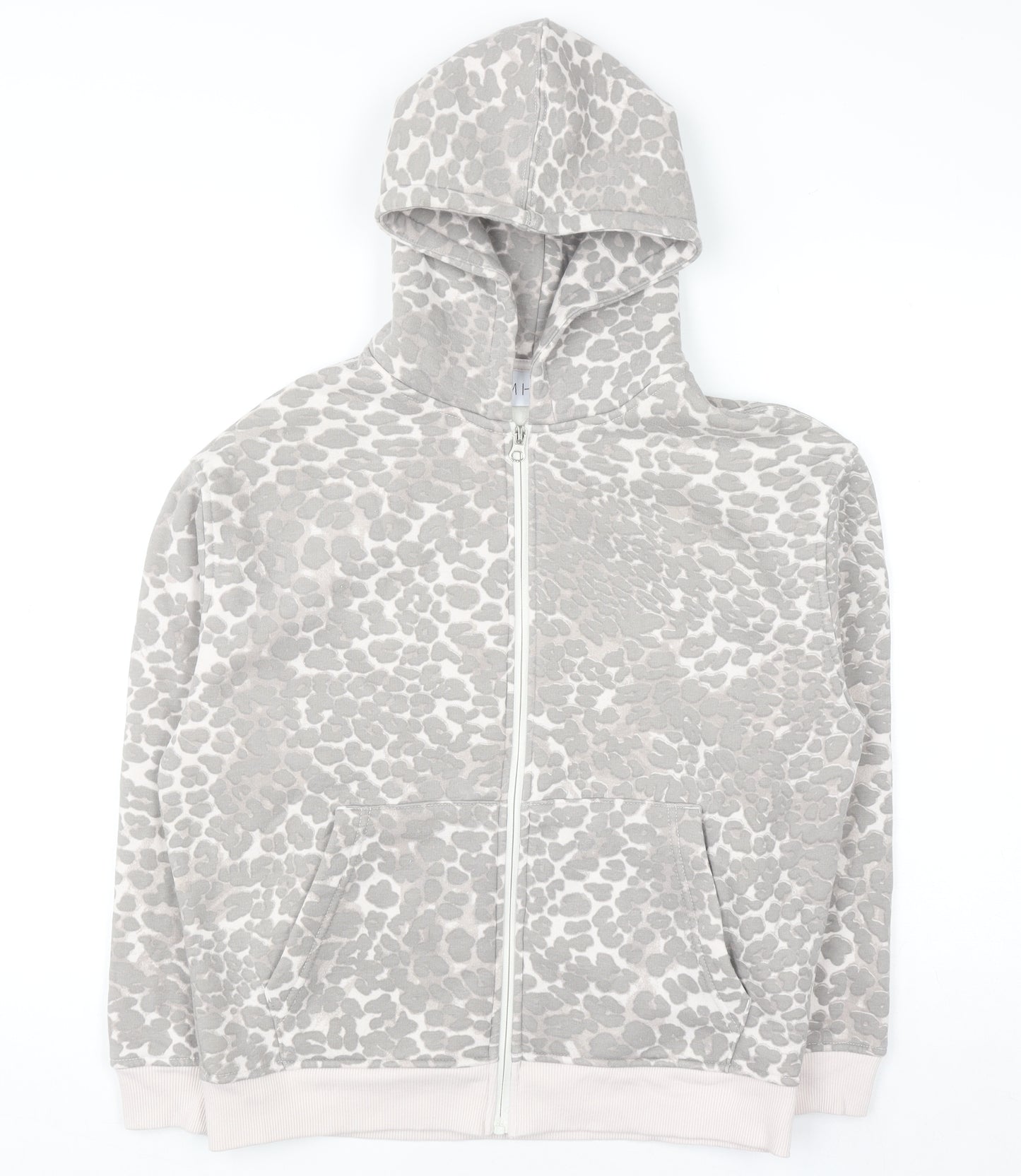 MISO Women Grey Animal Print Full Zip Hoodie UK 8 Cotton Blend