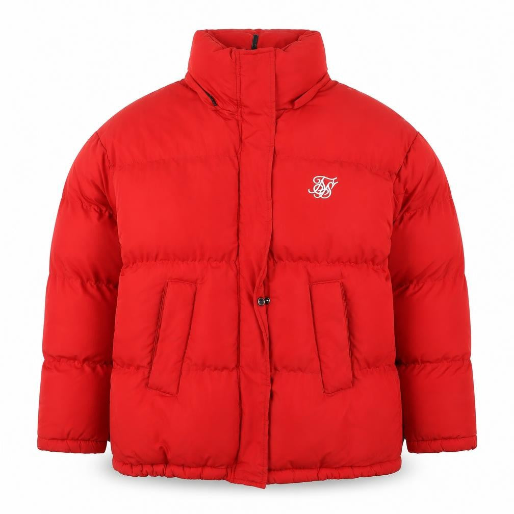 Front view of SikSilk Women's Red Puffer Jacket, size 8, Polyester Winter Coat