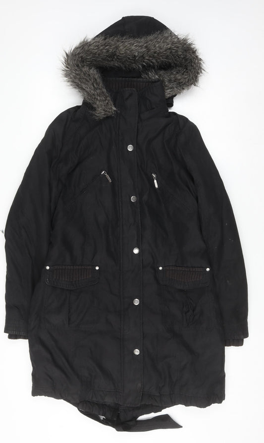 Marks and Spencer Women’s Black Fur Trim Parka Coat Size M Long
