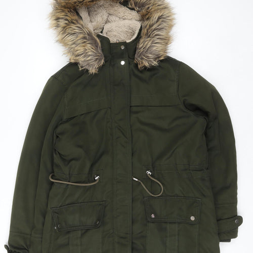 New Look Women’s Green Fur Trim Hooded Parka Coat Size 12
