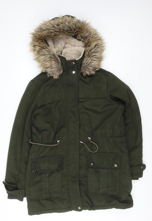 New Look Women’s Green Fur Trim Hooded Parka Coat Size 12