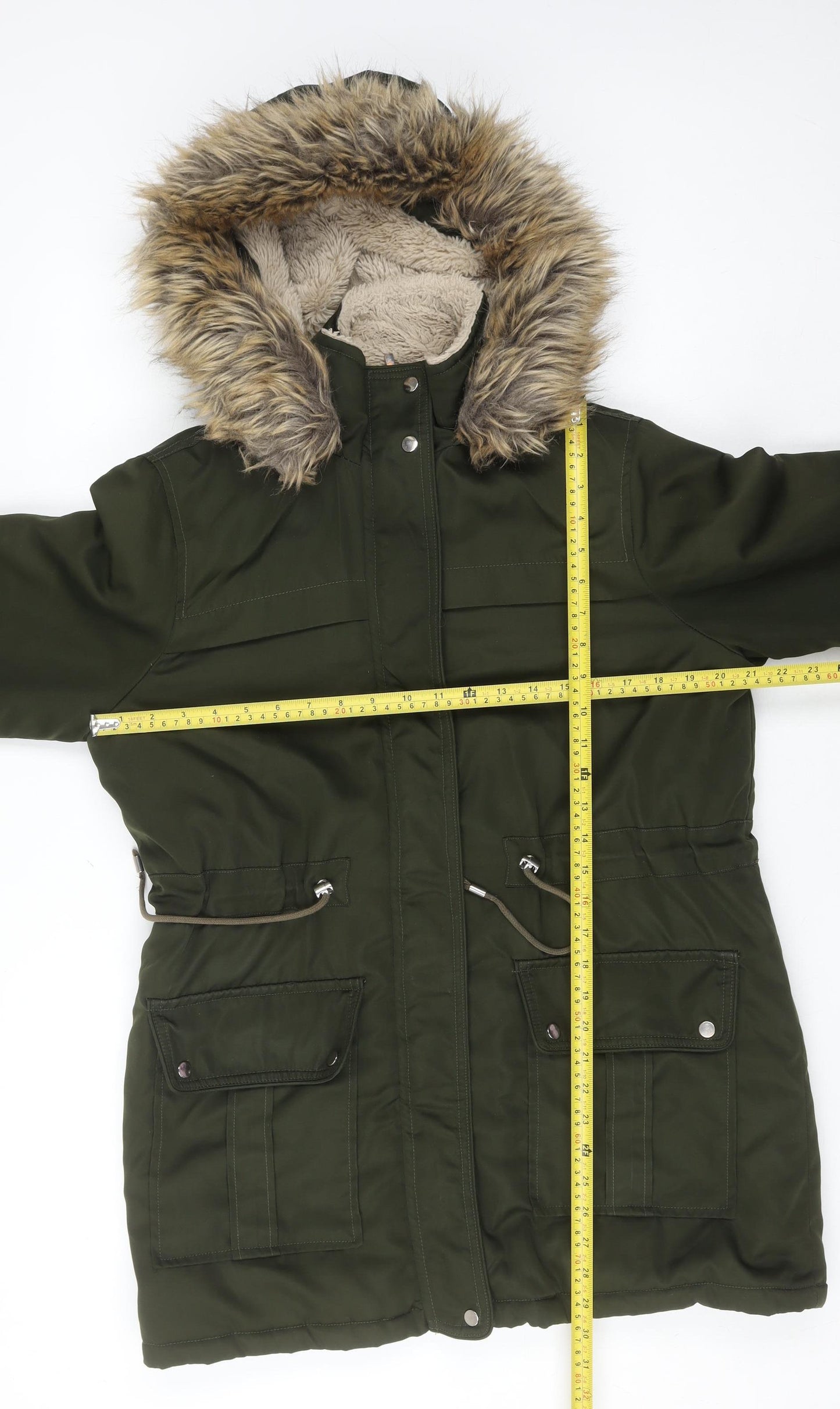 New Look Women’s Green Fur Trim Hooded Parka Coat Size 12