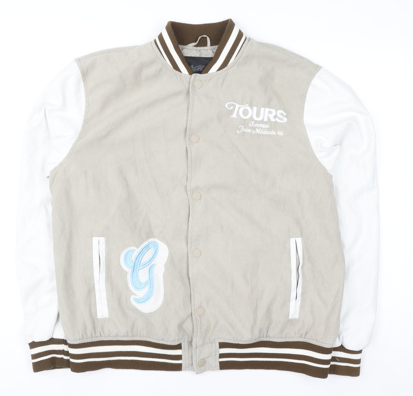 Pull&Bear Men’s Beige Varsity Jacket XL Embroidered College Style