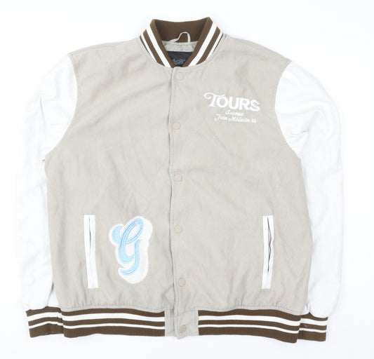 Pull&Bear Men’s Beige Varsity Jacket XL Embroidered College Style