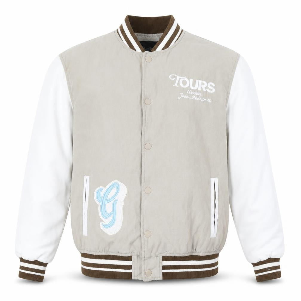 Front view of Pull&Bear Men’s Beige Varsity Jacket XL Embroidered College Style