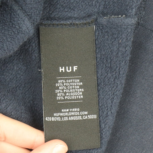 HUF Men’s Blue Full Zip Hoodie M Embroidered Logo Fleece