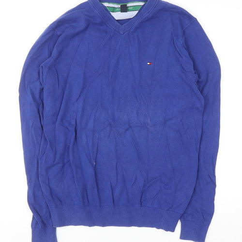 Tommy Hilfiger Men's Blue Cotton V-Neck Golf Jumper M