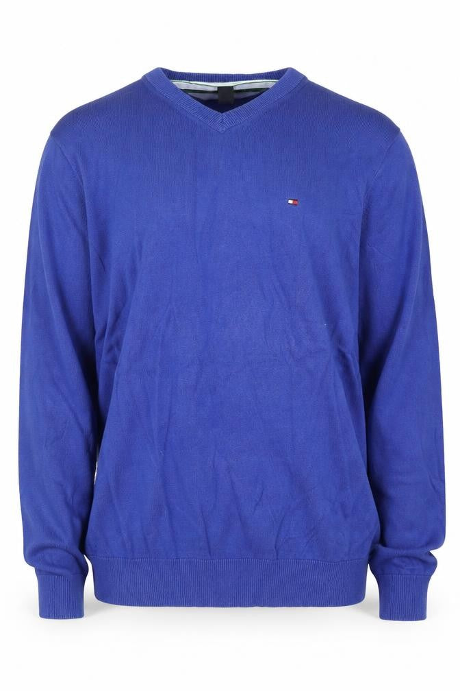 Front view of Tommy Hilfiger Men's Blue Cotton V-Neck Golf Jumper M