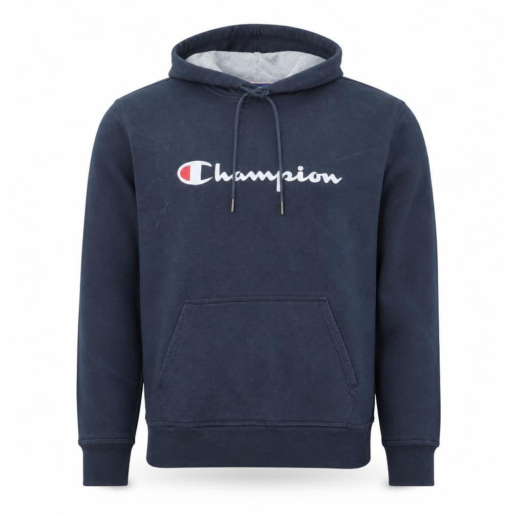 Front view of Champion Men's Blue Pullover Hoodie M Logo Fleece Athletic Sweatshirt