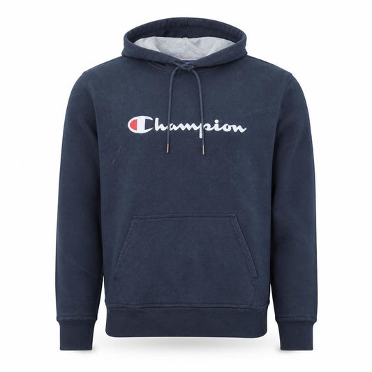 Front view of Champion Men's Blue Pullover Hoodie M Logo Fleece Athletic Sweatshirt