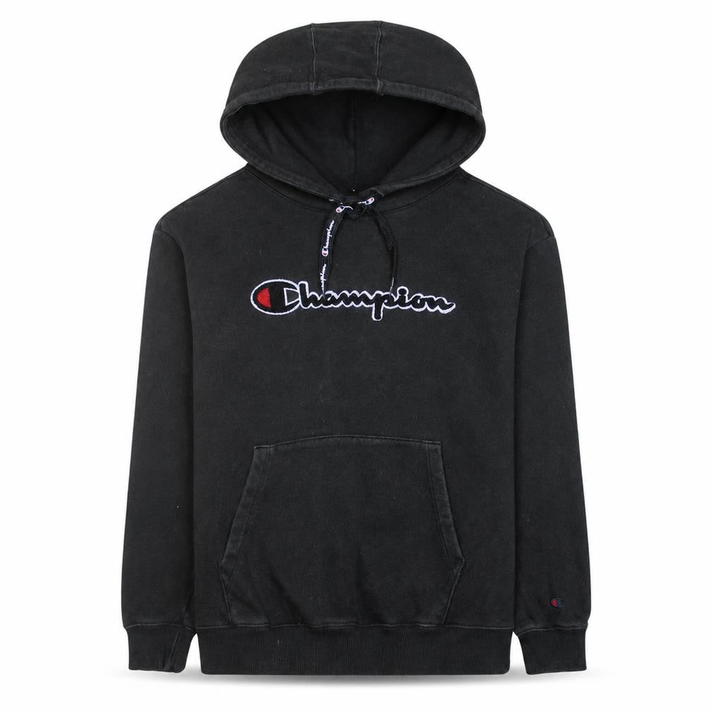 Front view of Champion Men's Black XS Pullover Hoodie with Logo Embroidery