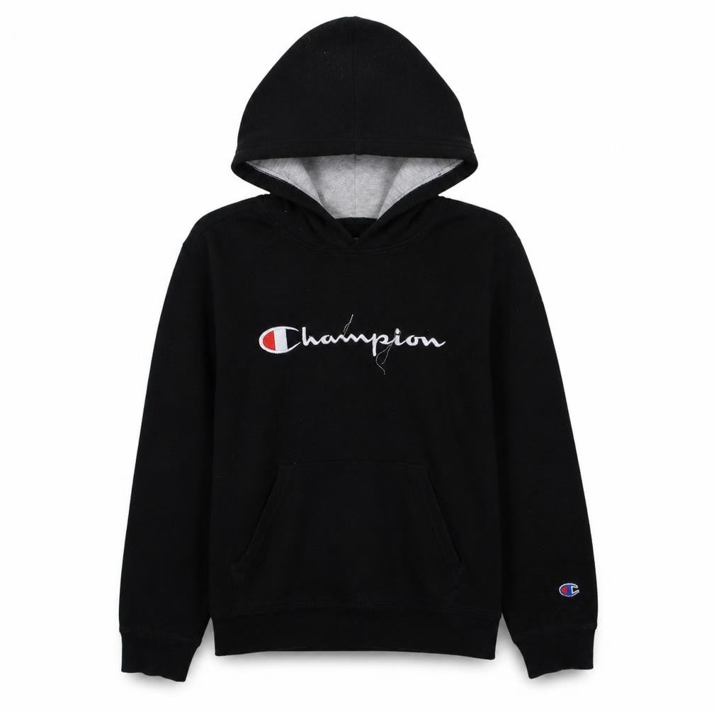Front view of Champion boys’ black pullover hoodie l logo graphic athleticwear