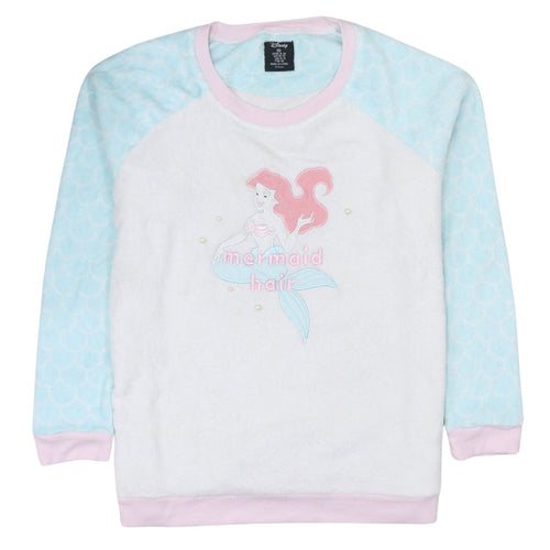 Disney Women’s XL Fleece Pyjama Top Ariel Mermaid Hair White Blue