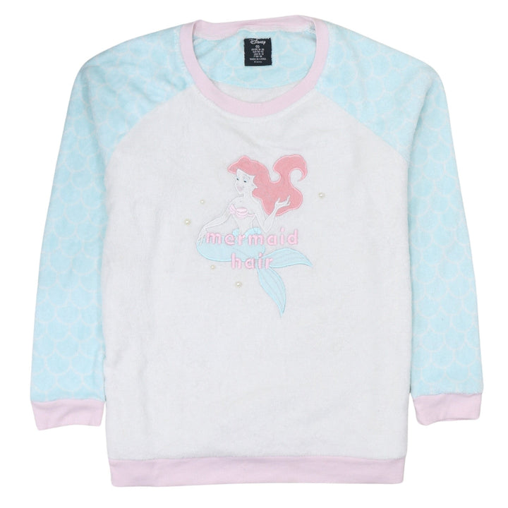 Disney Women’s XL Fleece Pyjama Top Ariel Mermaid Hair White Blue