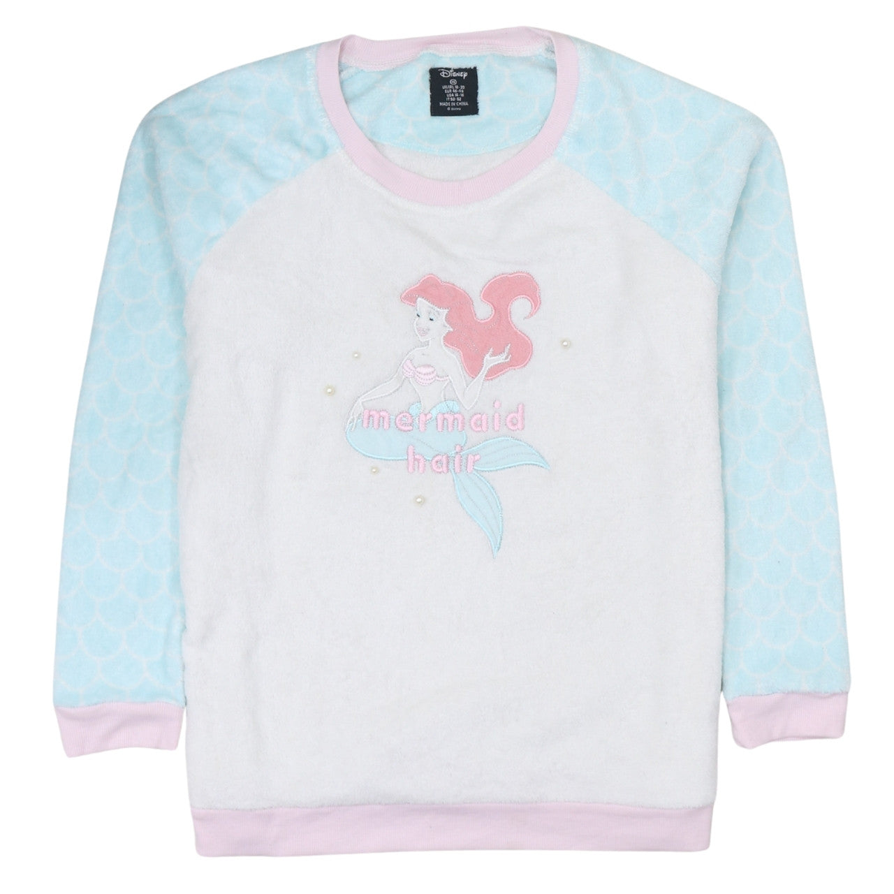 Disney Women’s XL Fleece Pyjama Top Ariel Mermaid Hair White Blue