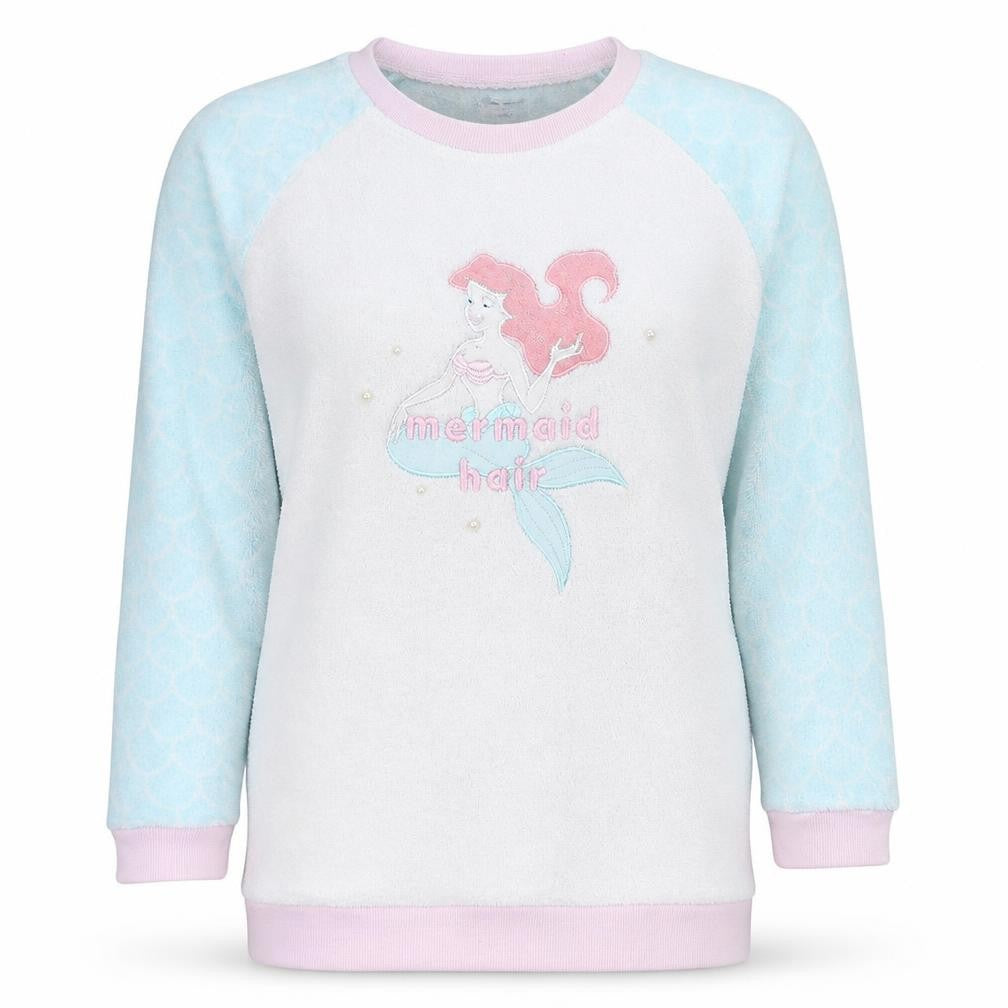Disney Women’s XL Fleece Pyjama Top Ariel Mermaid Hair White Blue