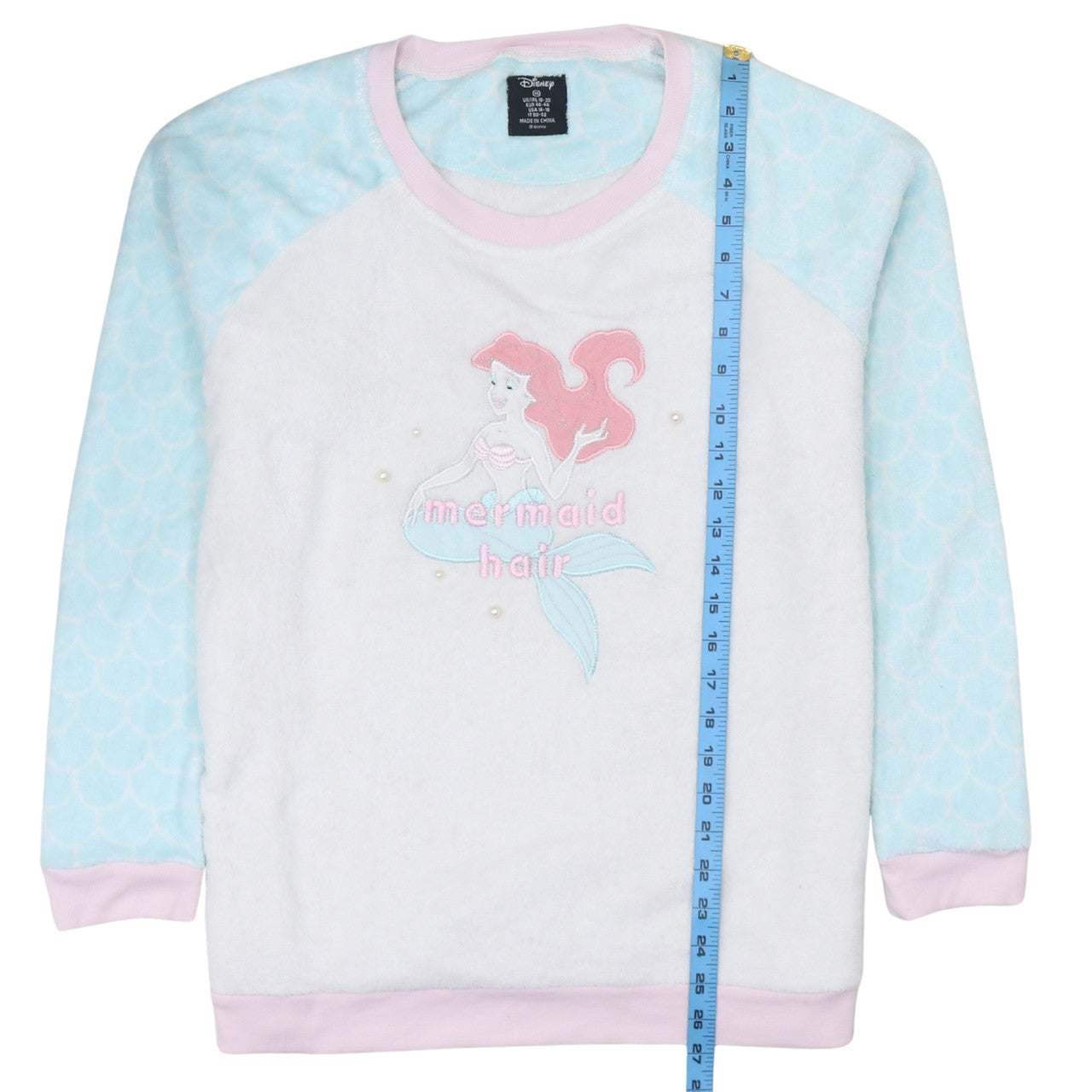 Disney Women’s XL Fleece Pyjama Top Ariel Mermaid Hair White Blue
