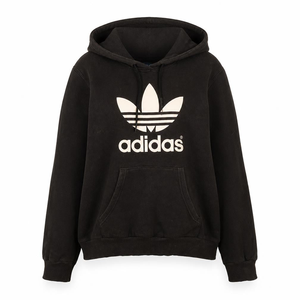 Front view of Adidas women’s black pullover hoodie, size UK 10, s classic trefoil logo