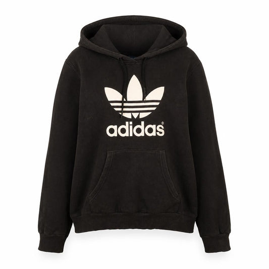 Front view of Adidas women’s black pullover hoodie, size UK 10, s classic trefoil logo