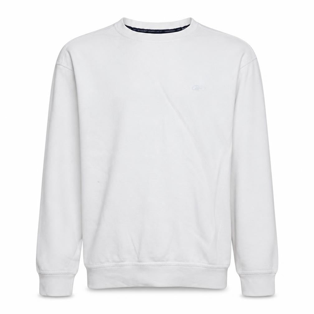 Front view of Reebok Men's White Crew Neck Pullover Sweatshirt, size L