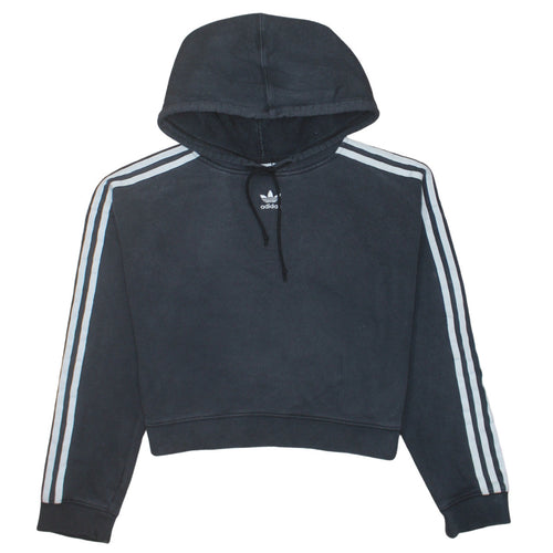 Adidas Women Black Hooded Pullover Hoodie Size 10 Drawstring 3 Stripe